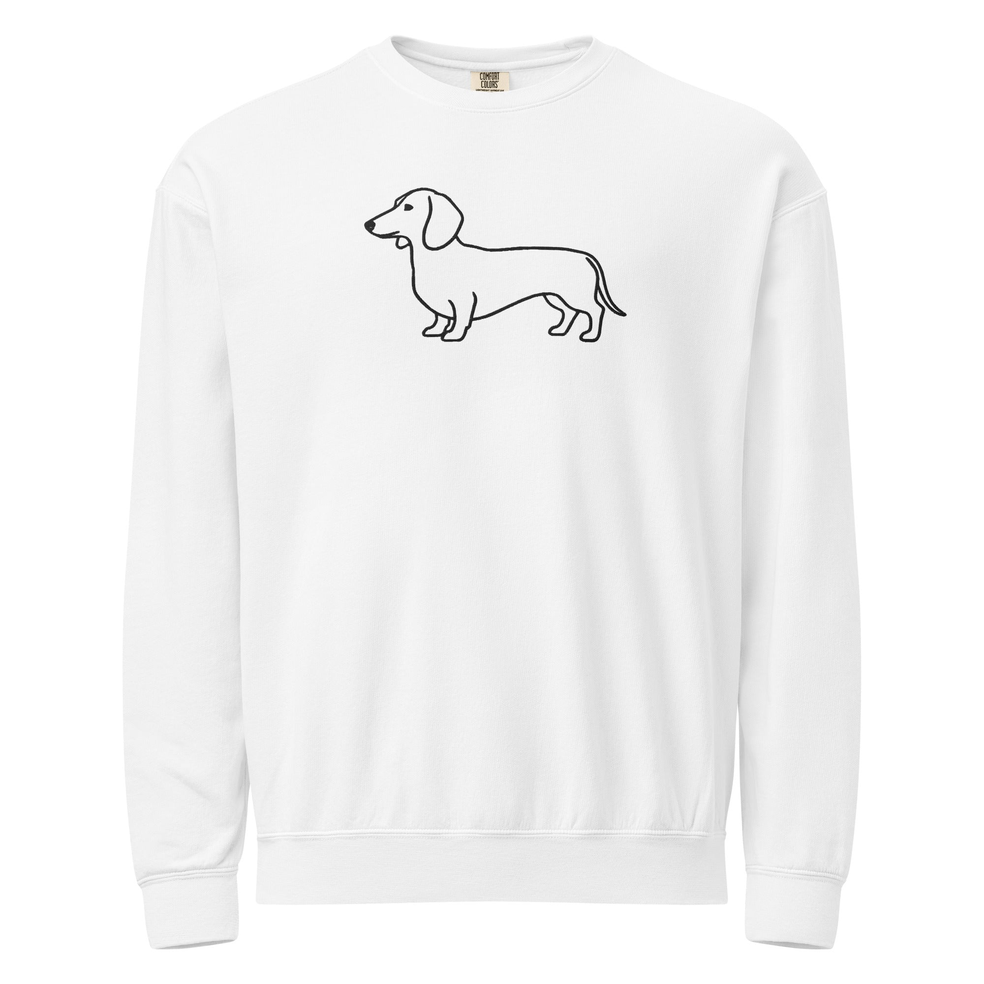 White crewneck sweatshirt with minimal line art wiener dog design