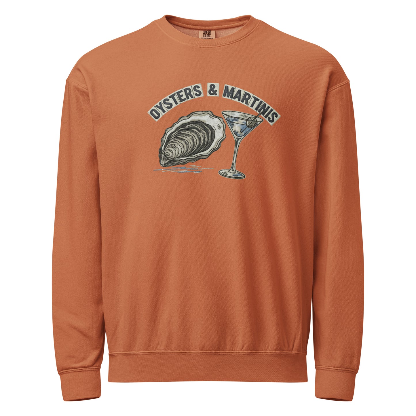 Terracotta coastal crewneck sweatshirt with oysters and martinis embroidery
