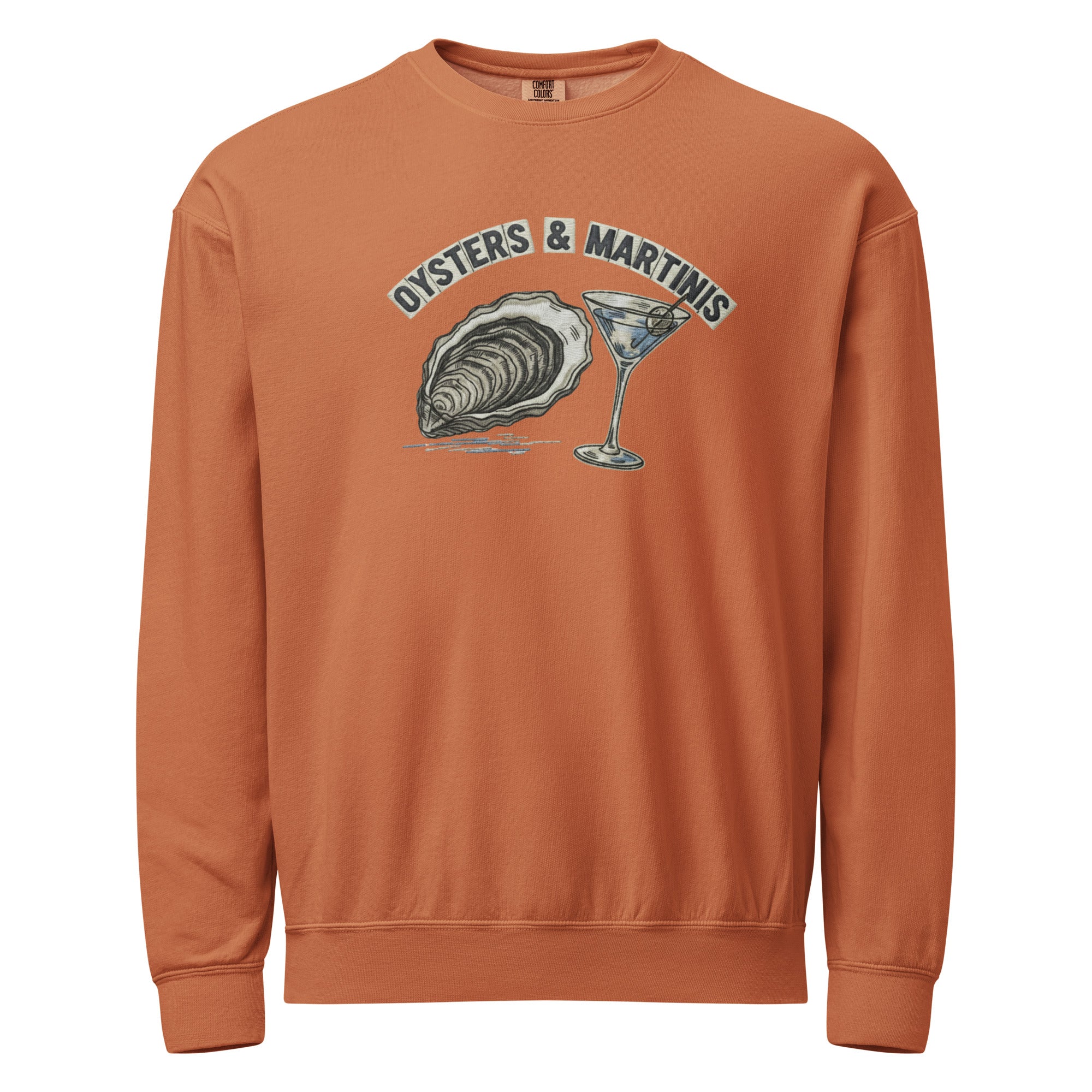 Terracotta coastal crewneck sweatshirt with oysters and martinis embroidery