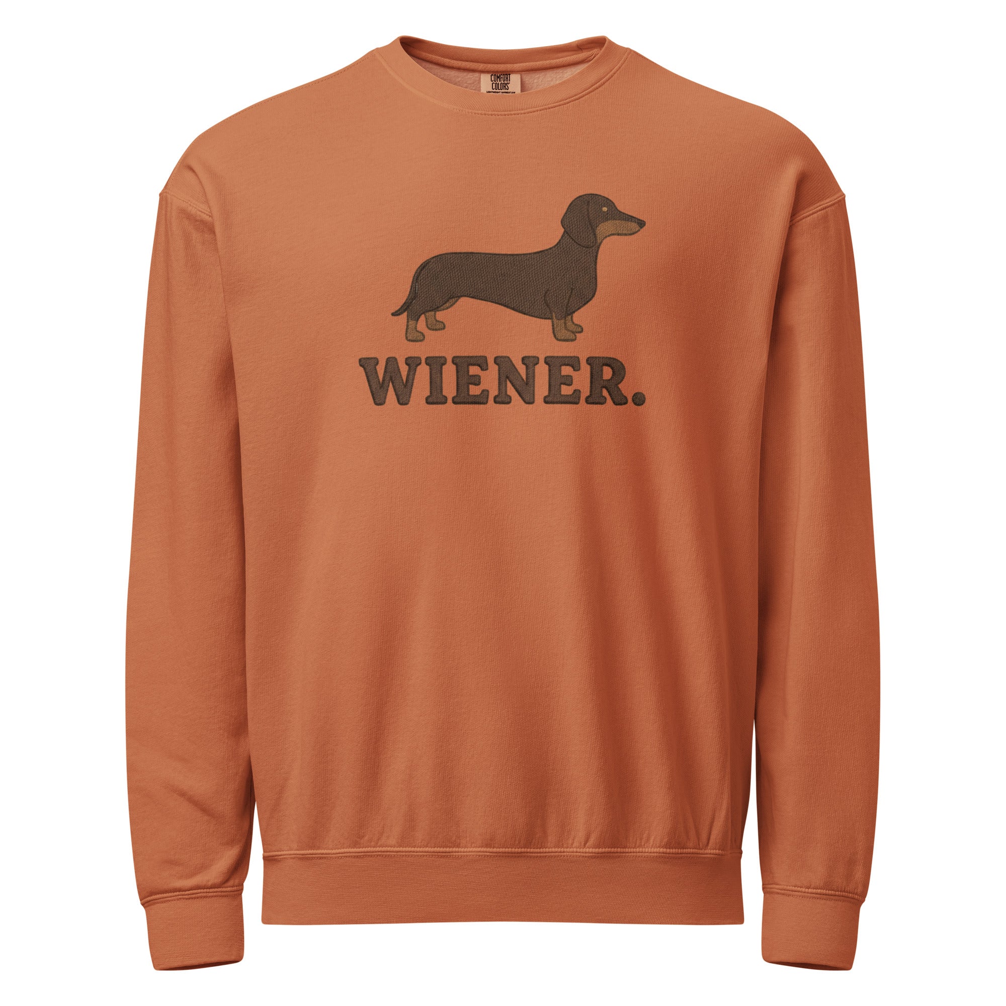 Terracotta Dachshund sweatshirt with wiener dog graphic and Wiener text