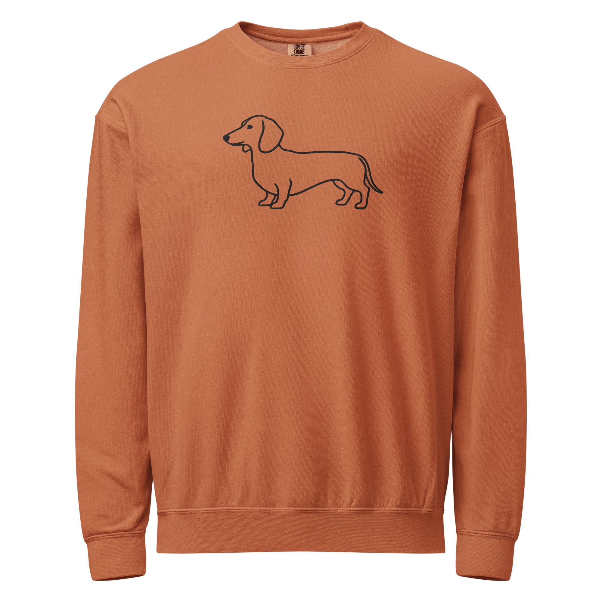 Terracotta Dachshund sweatshirt with minimal line art wiener dog design