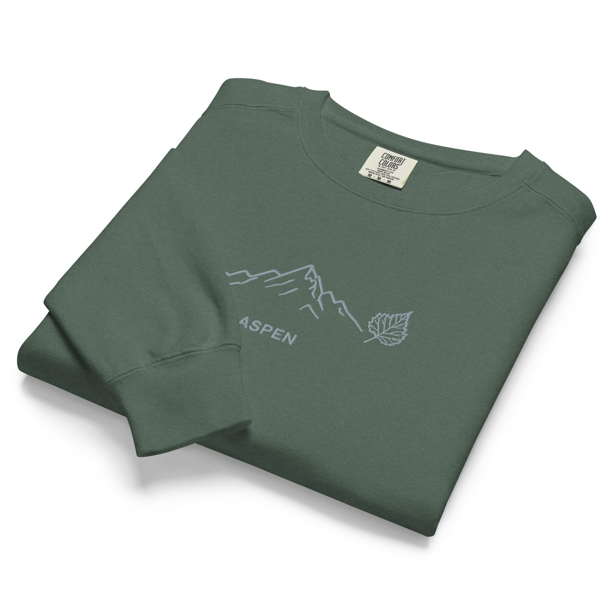 Aspen embroidered green Comfort Colors sweatshirt with mountain leaf design