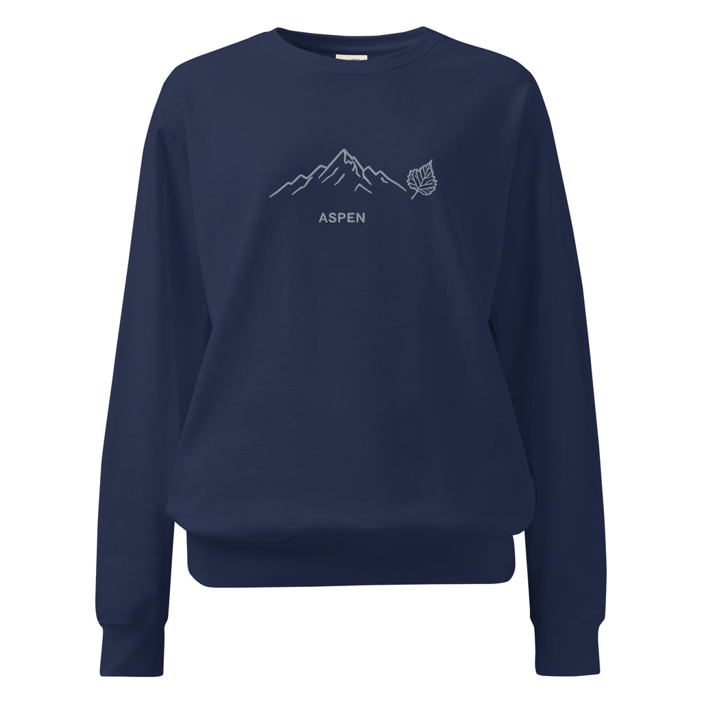 Aspen embroidered navy blue Comfort Colors sweatshirt with mountain leaf design