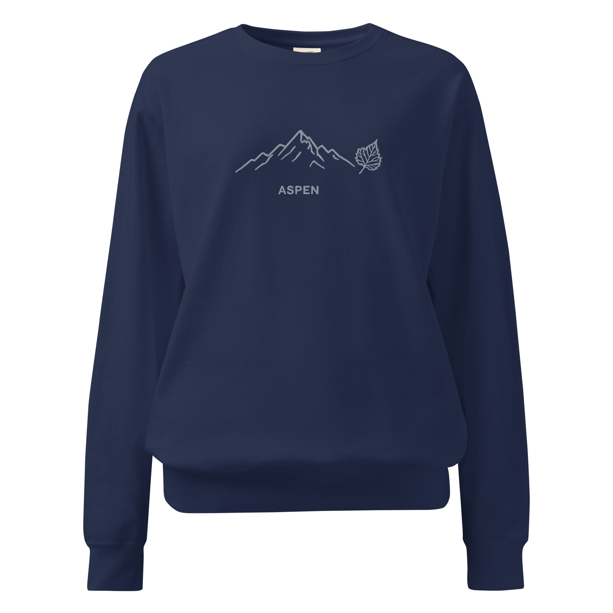 Aspen embroidered navy blue Comfort Colors sweatshirt with mountain leaf design