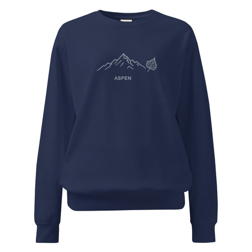 Aspen embroidered navy blue Comfort Colors sweatshirt with mountain leaf design