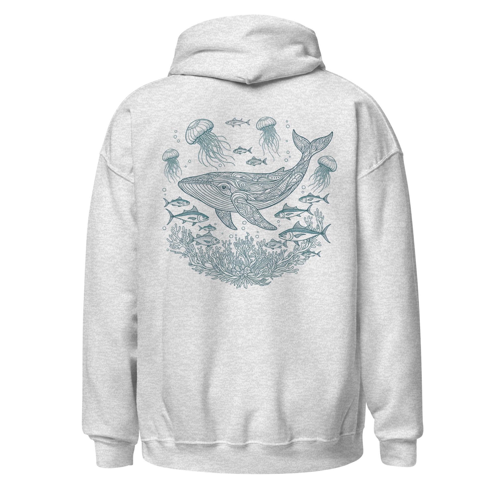 White whale shark hoodie with ethereal underwater sea creatures design