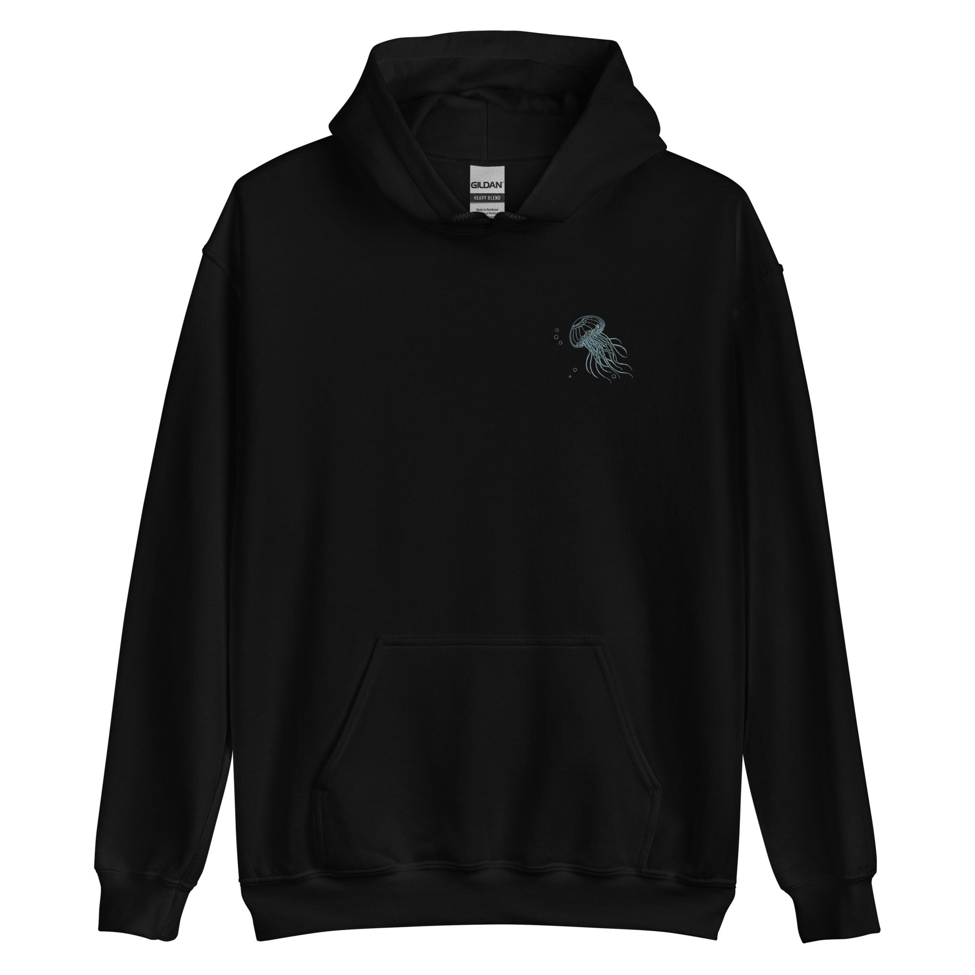 Black whale shark hoodie with ethereal sea creatures line art graphic