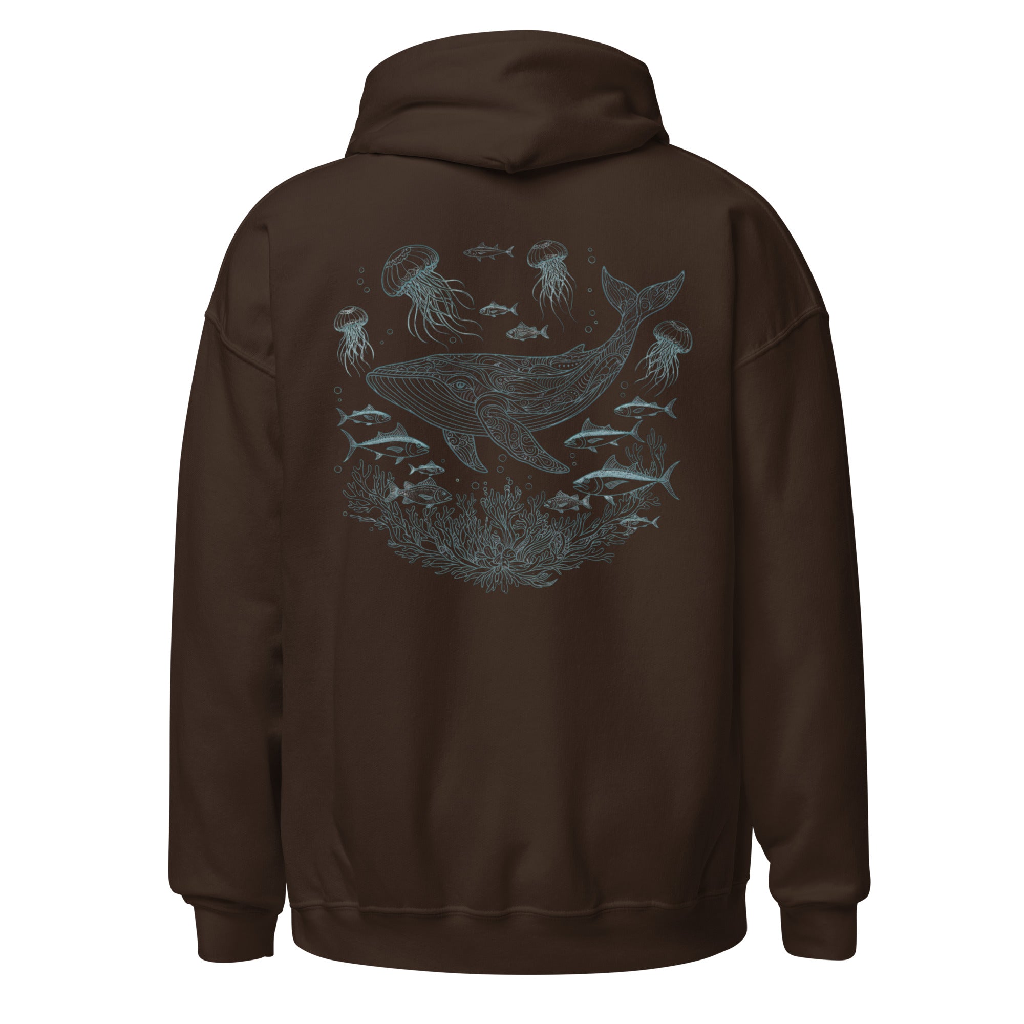 Brown whale shark hoodie with black sea creature graphic on back