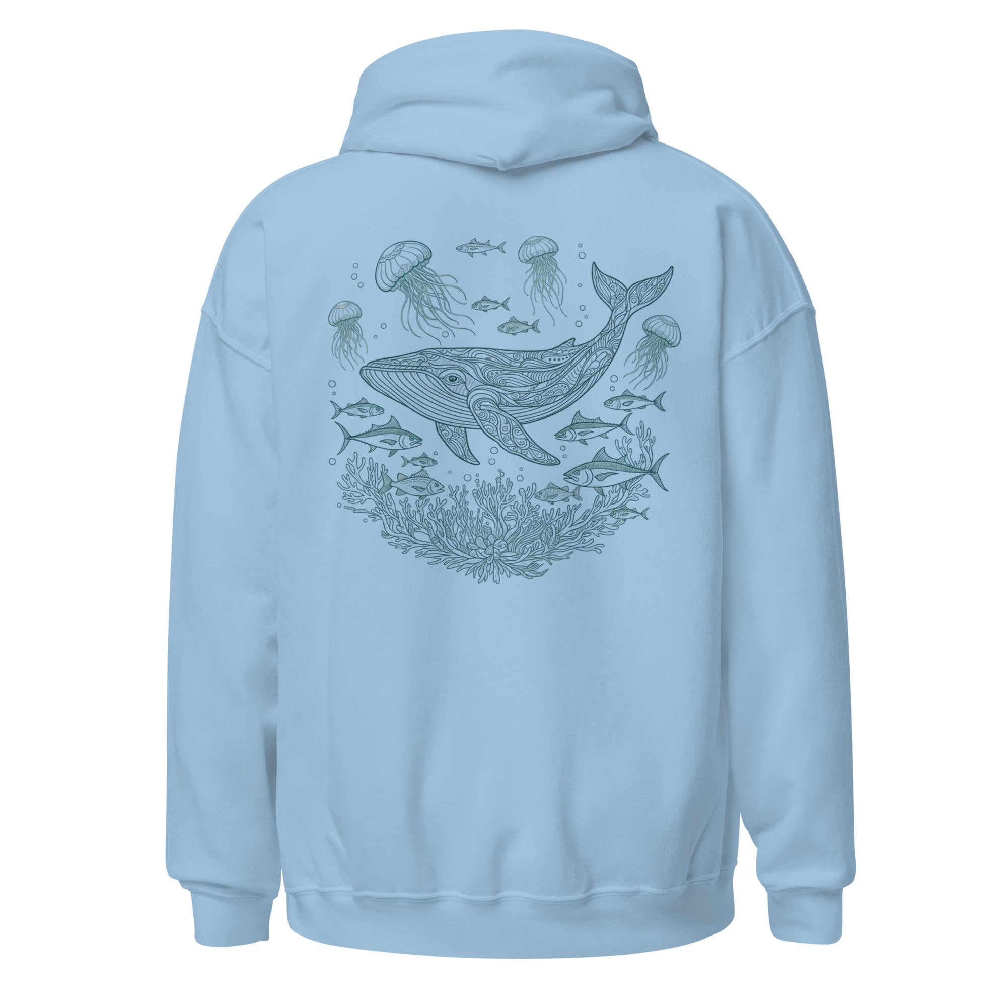 Light blue whale shark hoodie with ethereal sea creatures line art design