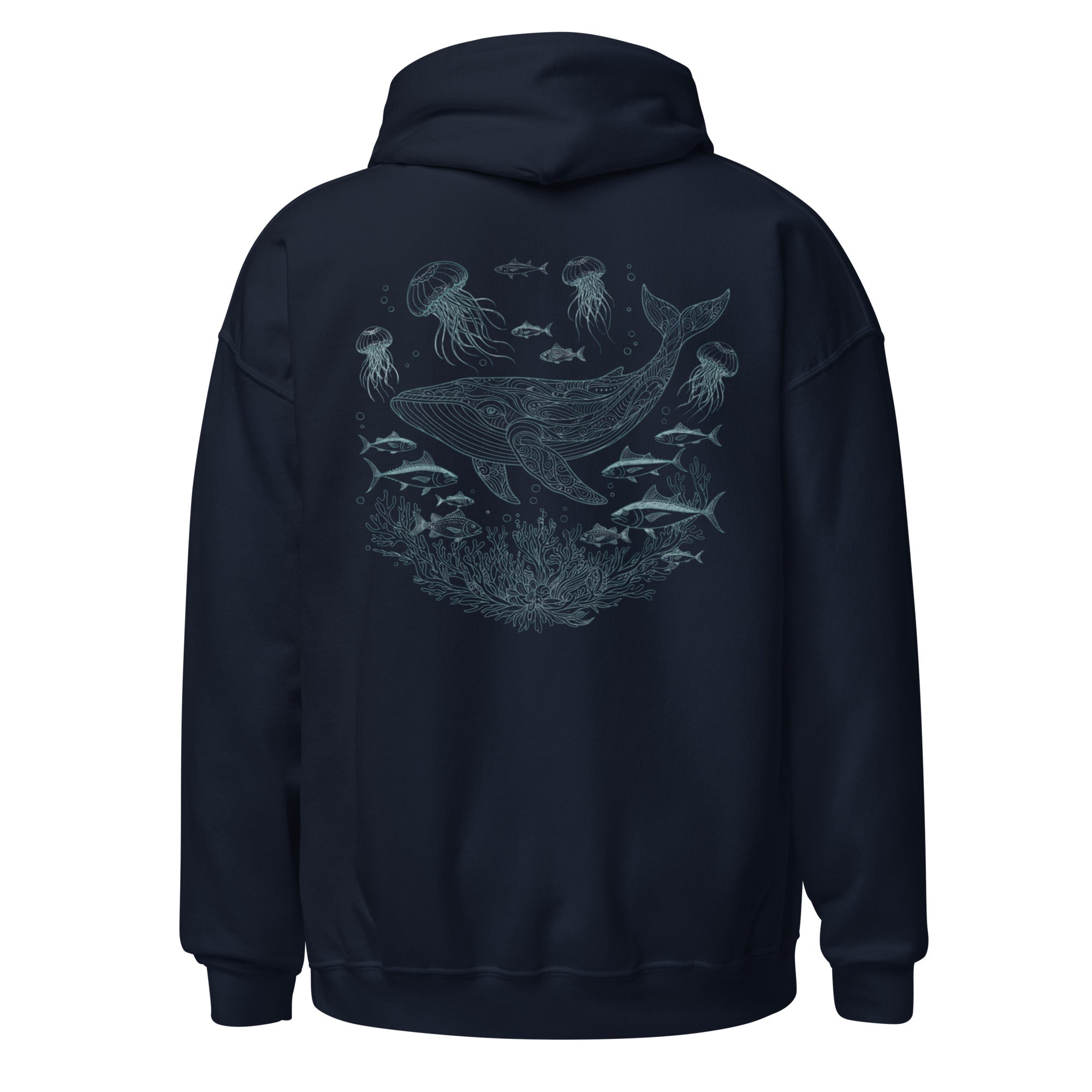 Navy blue whale shark hoodie with ethereal sea creatures line art design