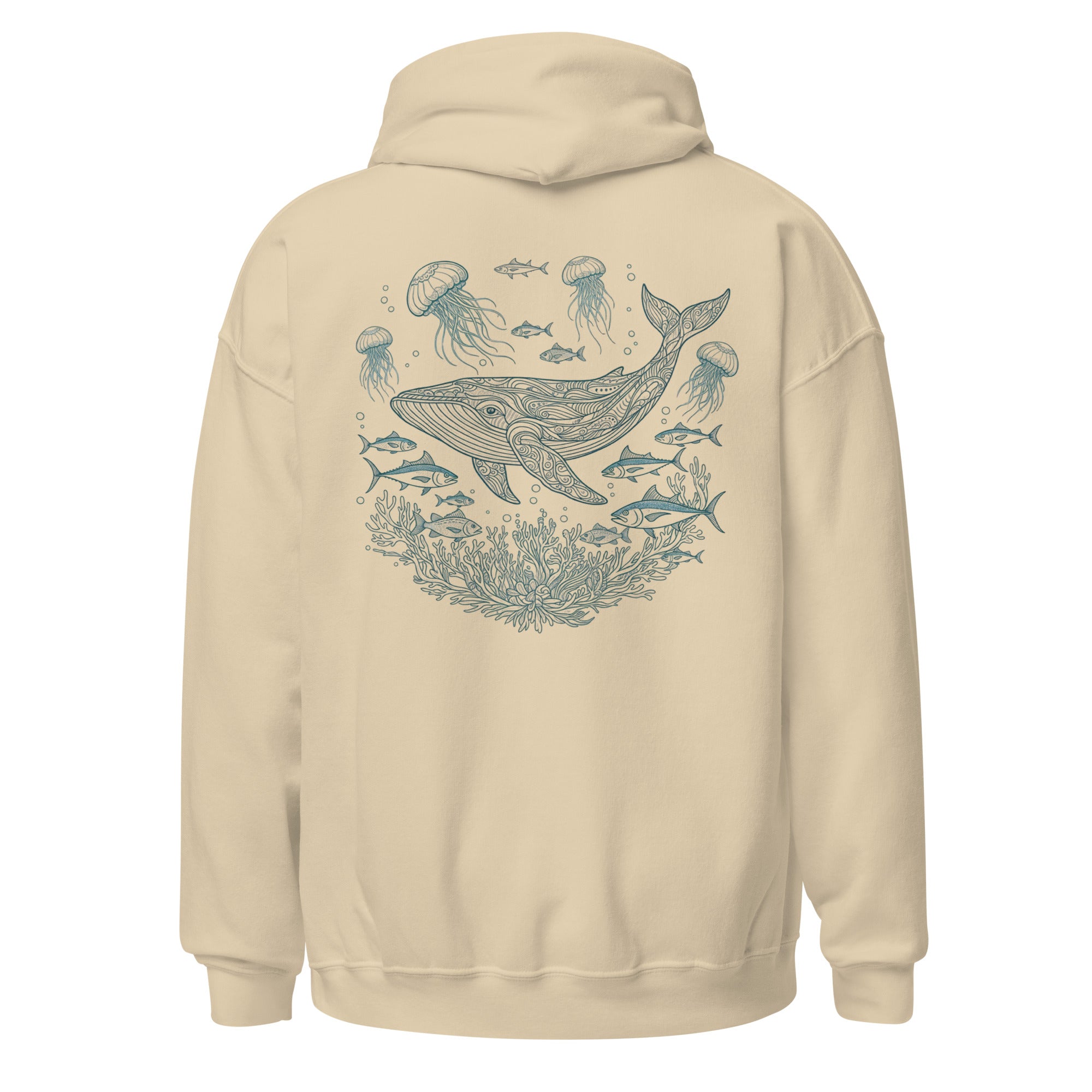 Cream-colored cotton whale shark hoodie with ethereal sea creatures design