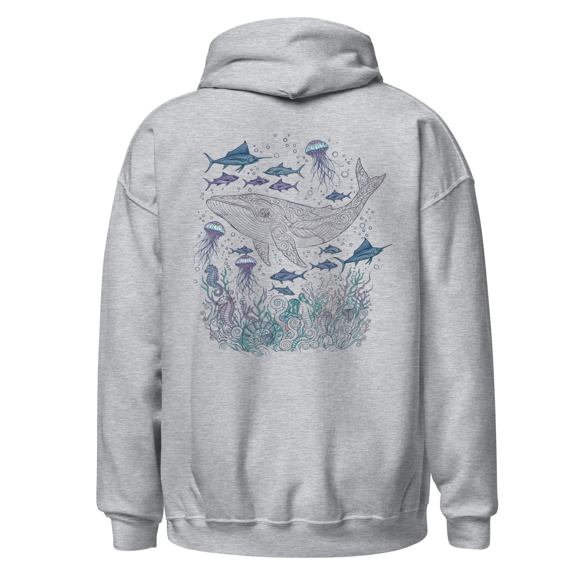 Heather gray whale shark hoodie with ocean sea creature line art design
