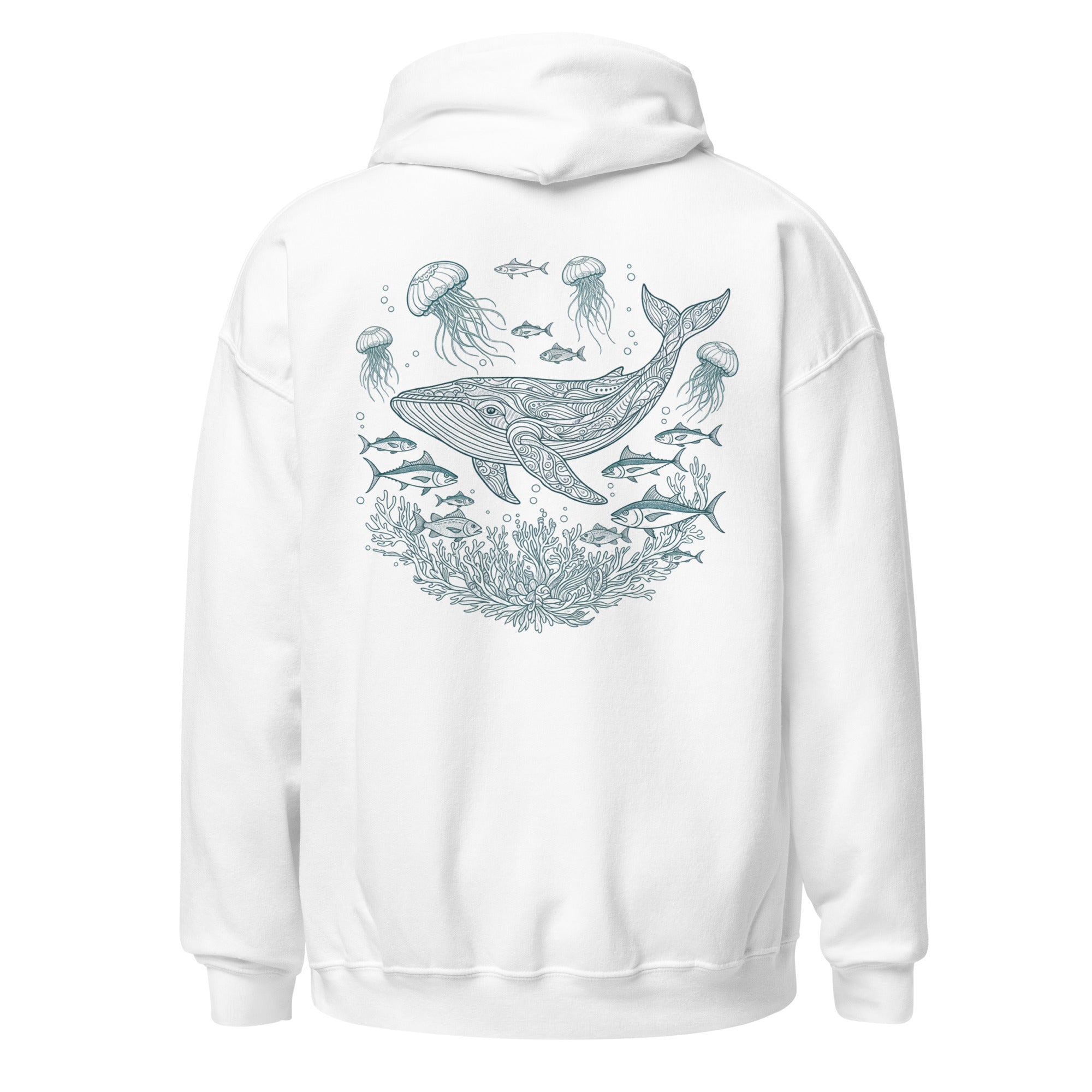 White whale shark hoodie with ocean life graphic on back