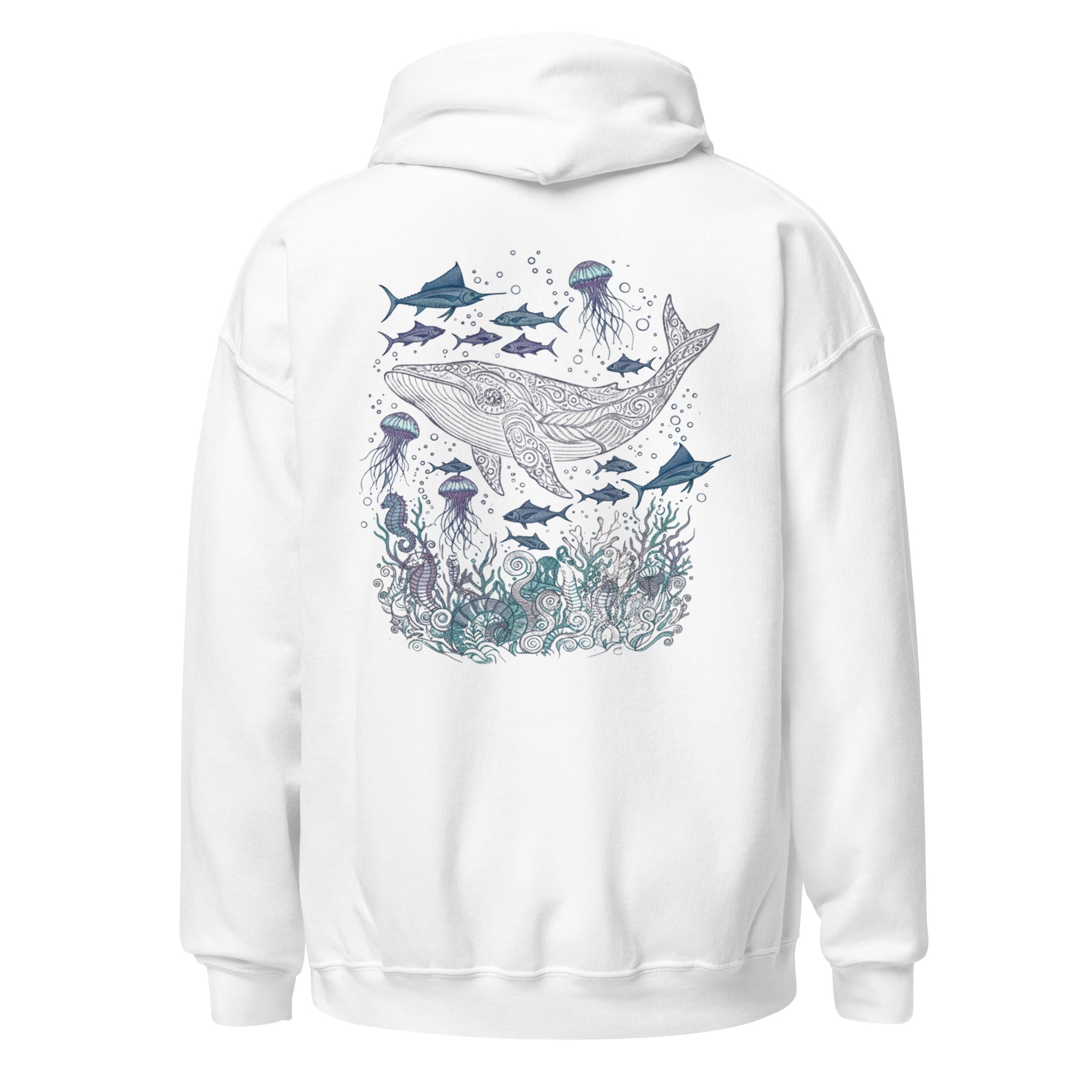 White whale shark hoodie with ocean life print on back