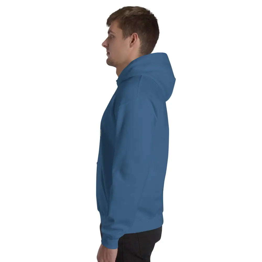 Unisex cozy go-to hoodie in solid blue with trini skies graphics