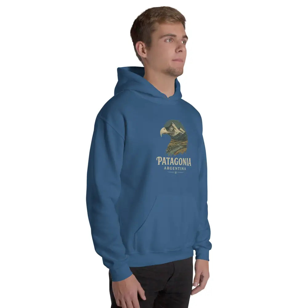 Blue Patagonia Argentina unisex hoodie with eagle head over mountains