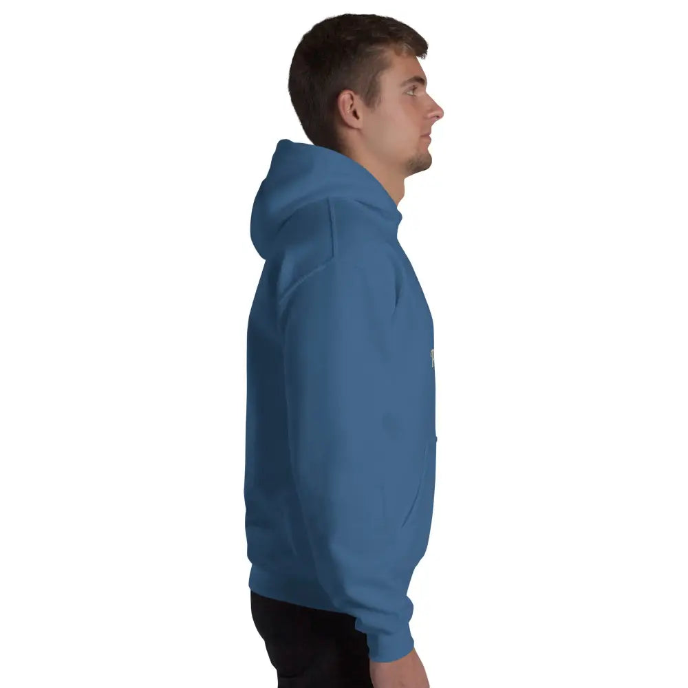 Cozy go-to unisex hoodie in solid blue with Trini Skies graphics logo