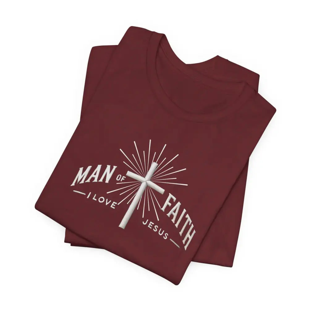 Maroon Man of Faith Jesus cross sunburst tee, unisex jersey short sleeve
