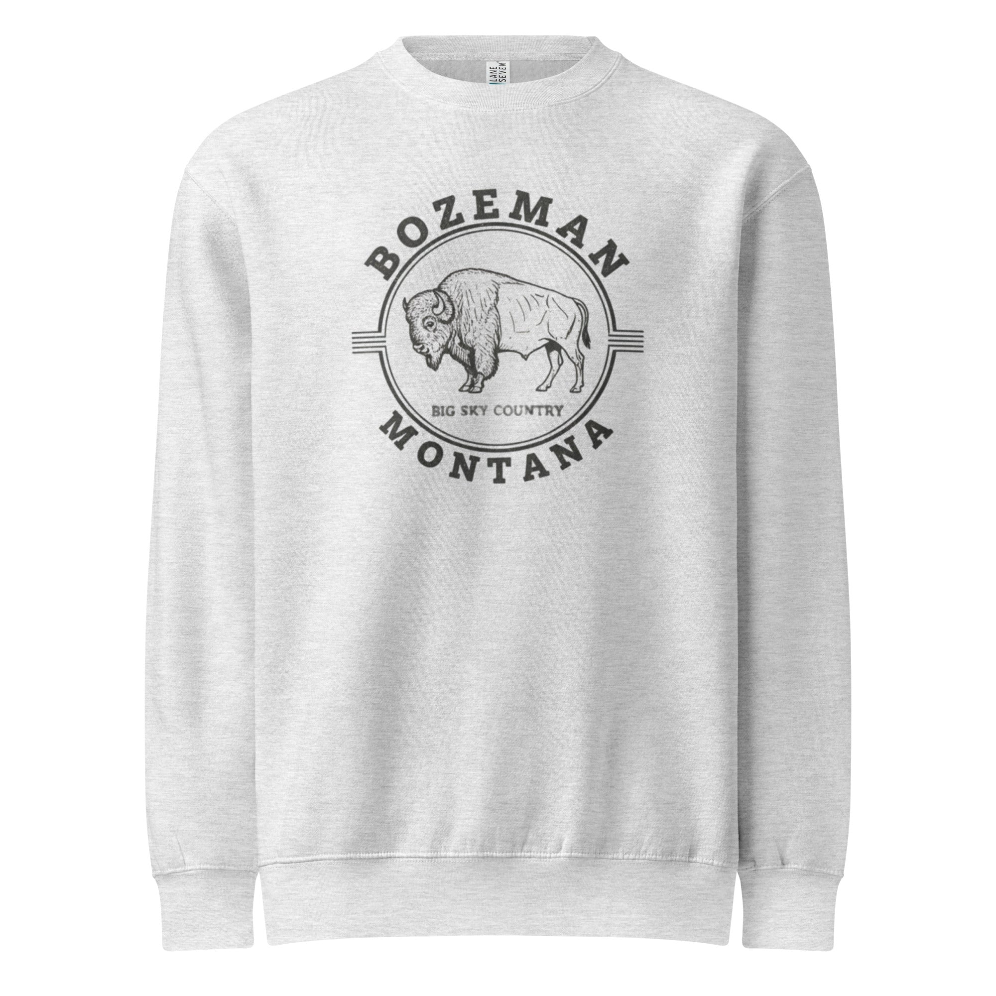 White Bozeman Montana sweatshirt with bison graphic and Big Sky text