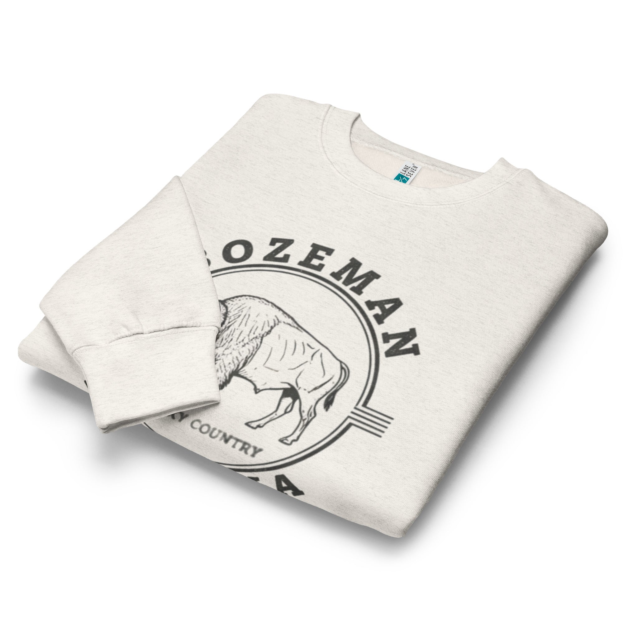 Folded cream Bozeman Montana bison graphic t-shirt, Big Sky Country crewneck