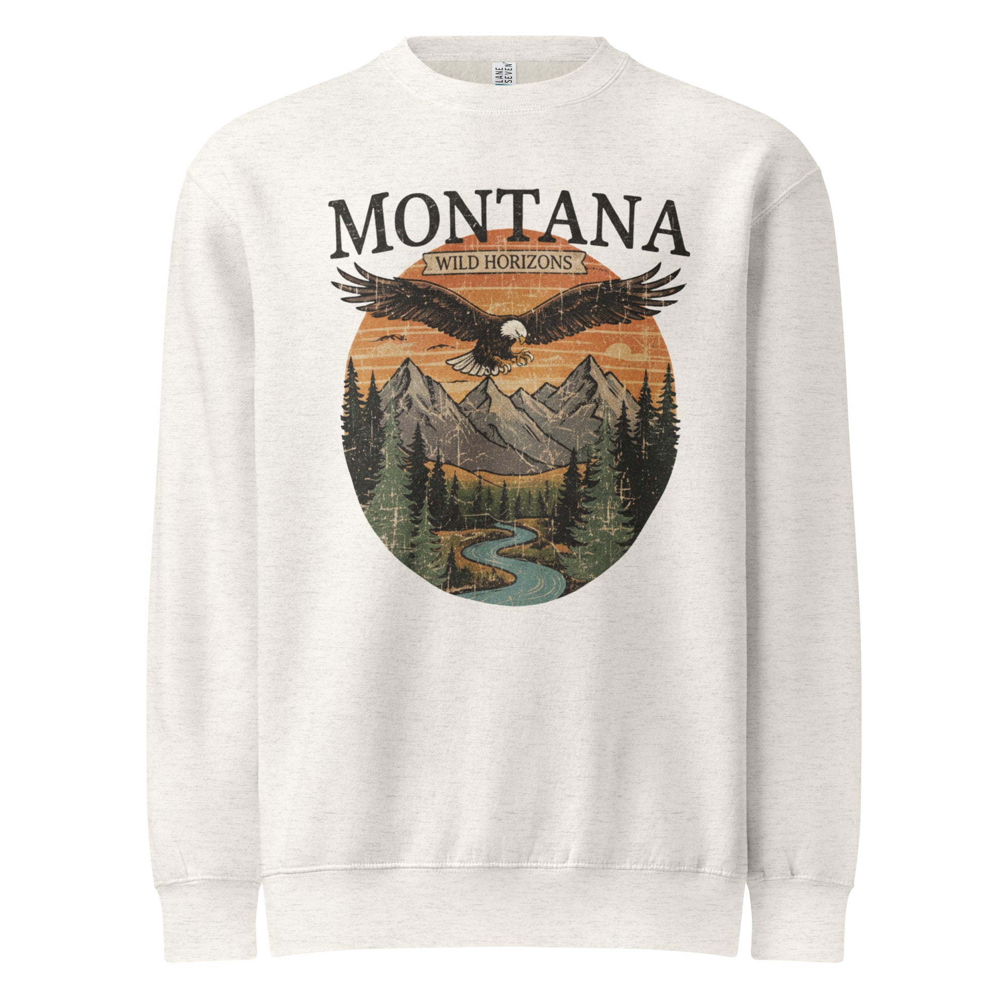 White Montana sweatshirt with eagle mountain graphic and forest scene