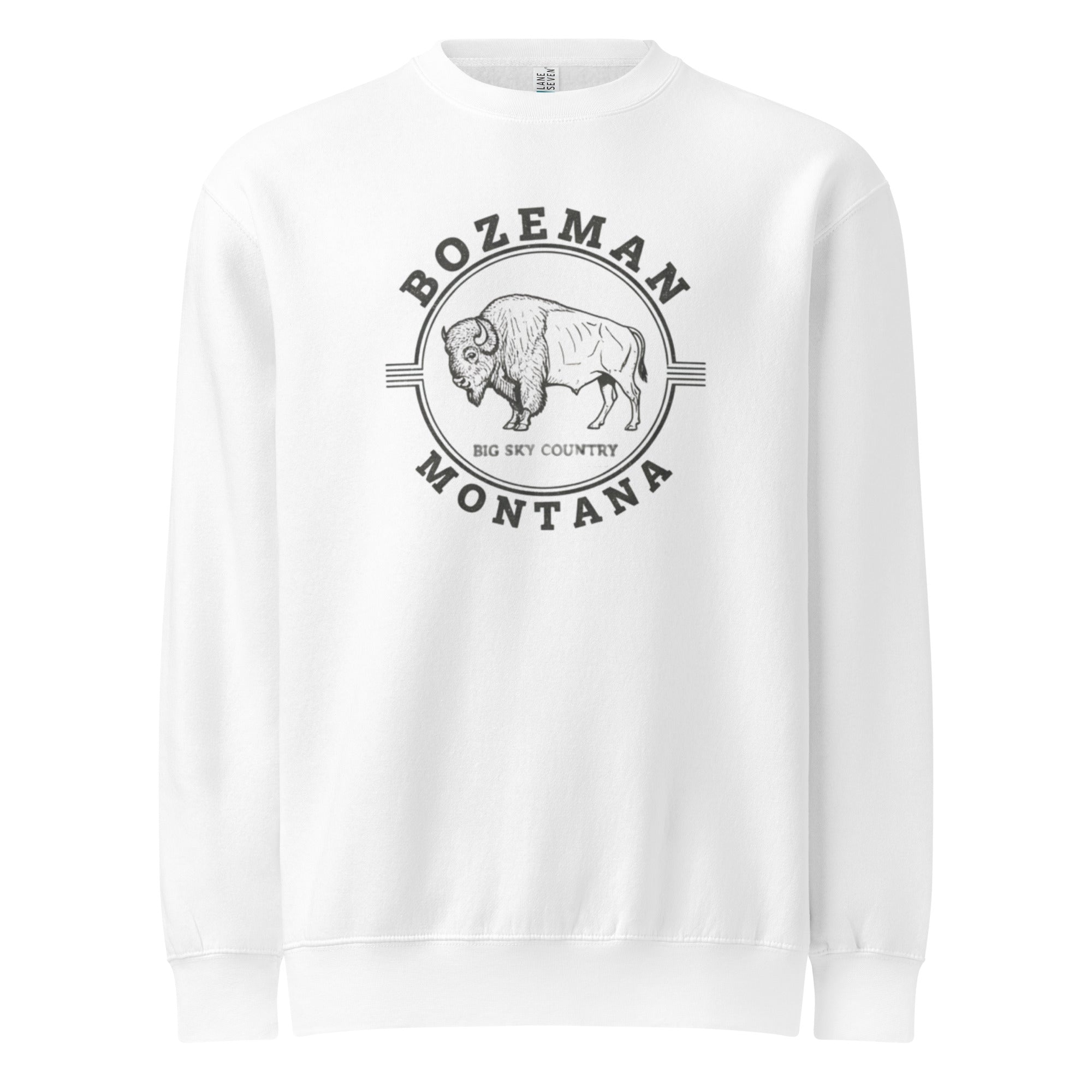 White Bozeman Montana sweatshirt with Big Sky bison design