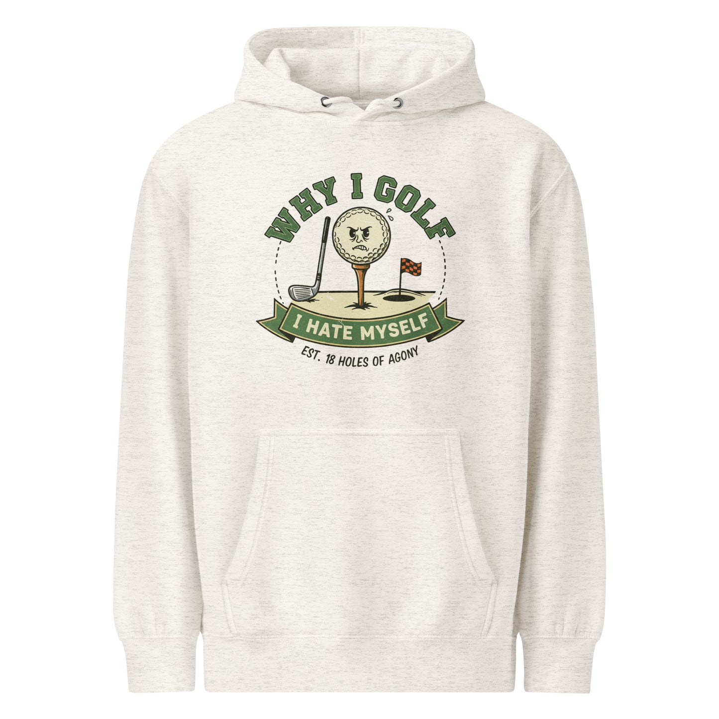 White golf hoodie with funny bird and club graphic, green accents