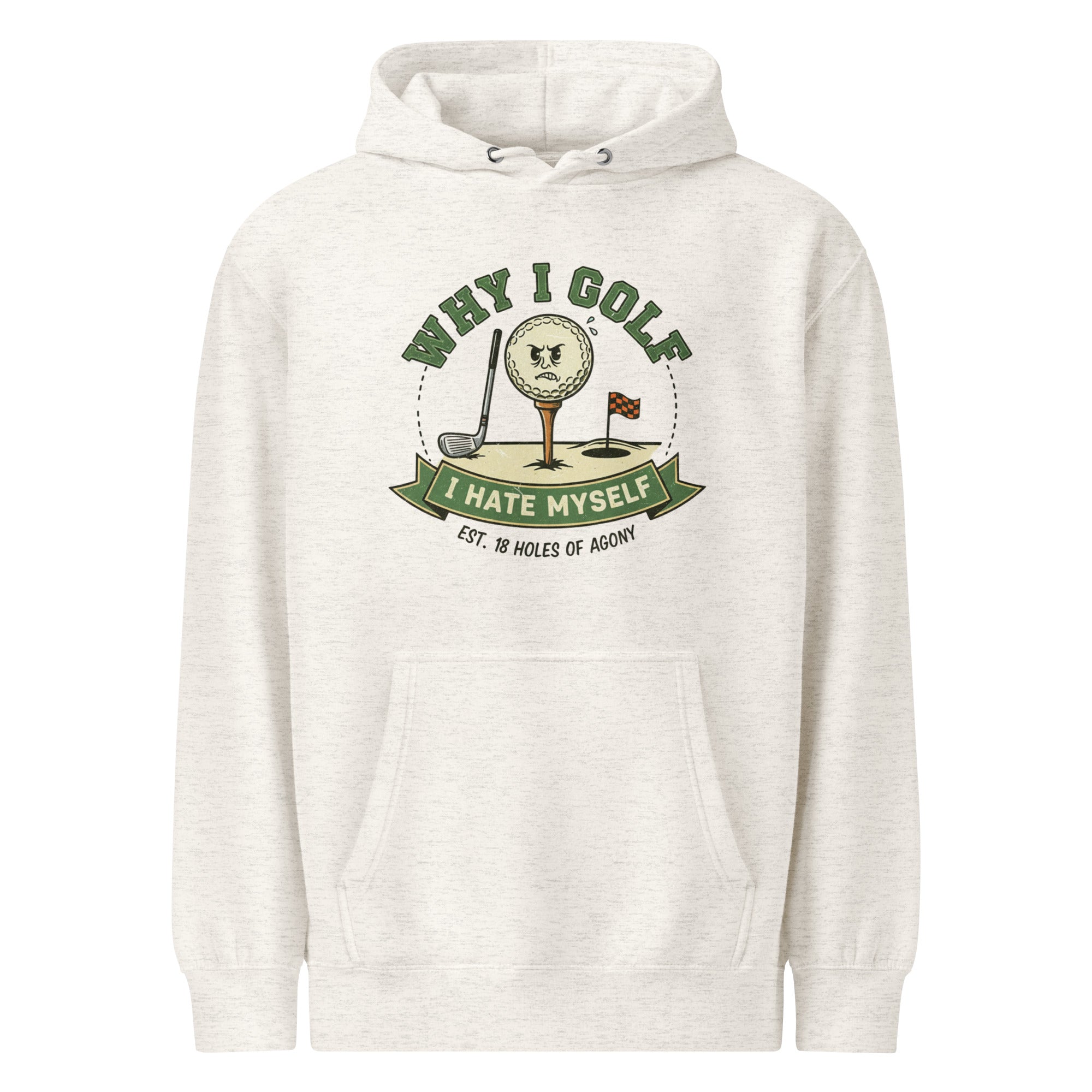 White golf hoodie with funny bird and club graphic, green accents