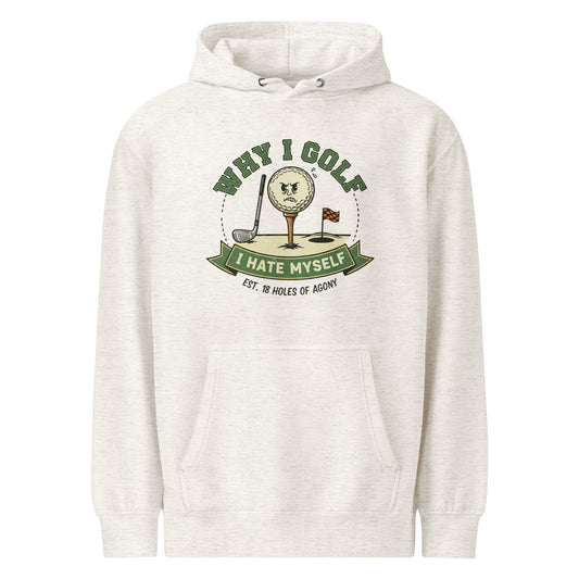White golf hoodie with funny bird and club graphic, green accents