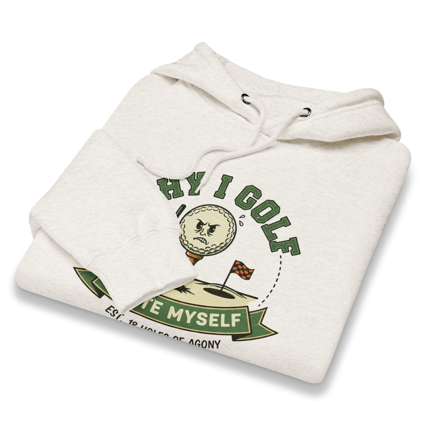 Cream golf hoodie with ball flag graphic and funny humor pullover