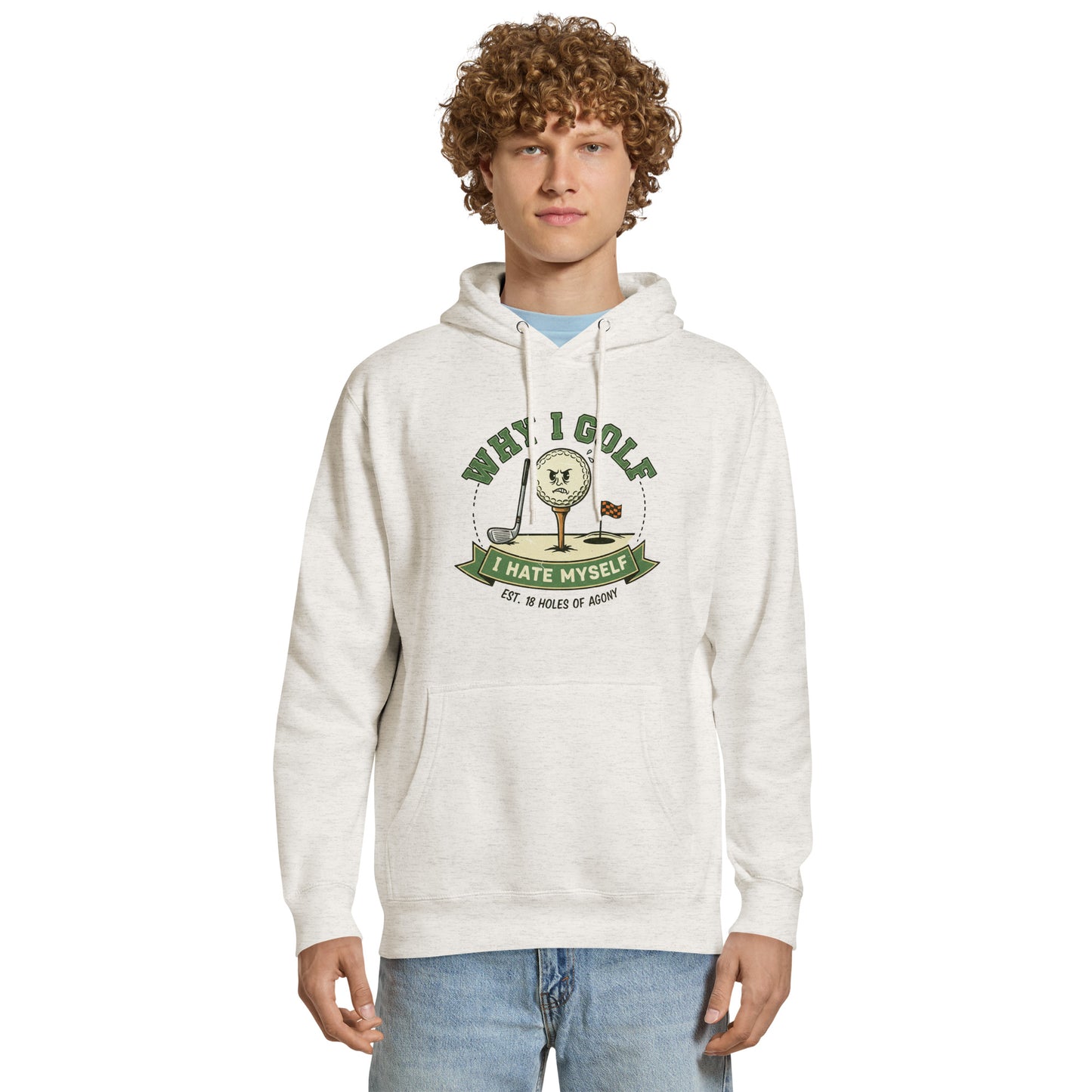 White golf hoodie with funny golfer graphic and humor text