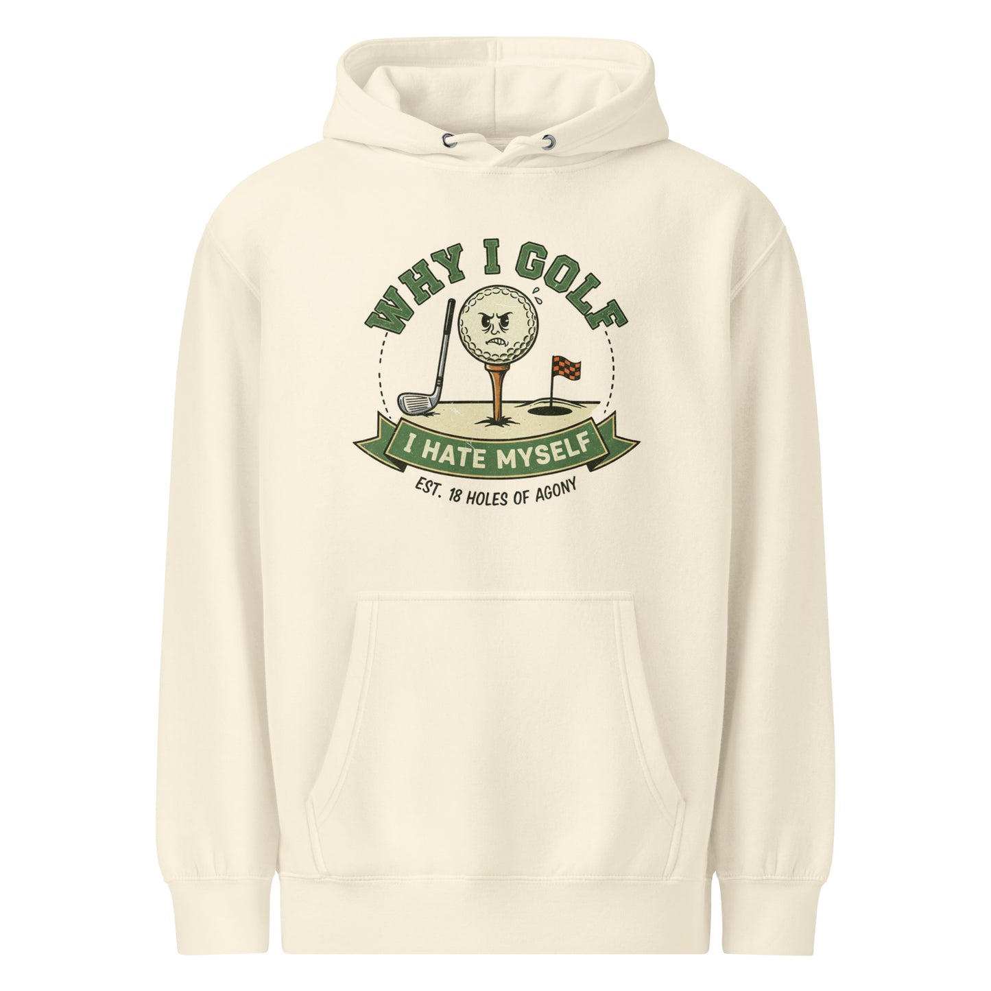 Cream golf hoodie with grumpy face graphic and funny text