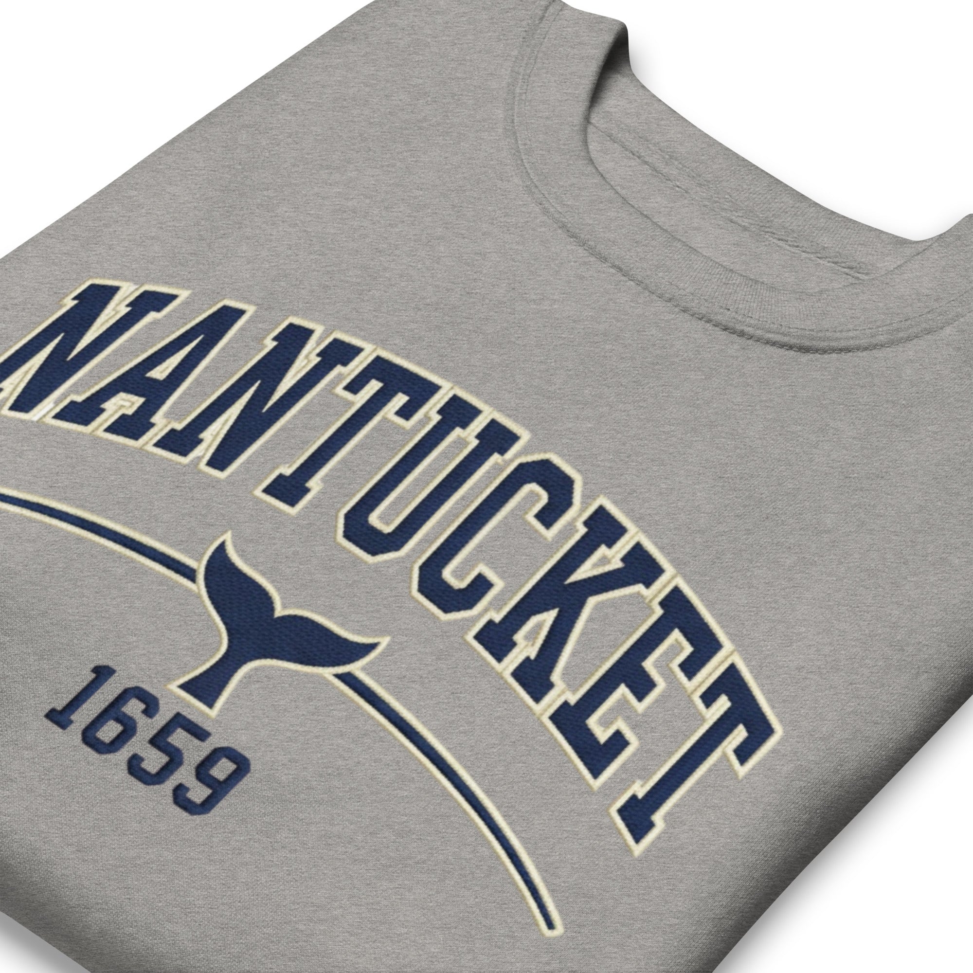 Nantucket graphic sweatshirt with whale tail design on gray background