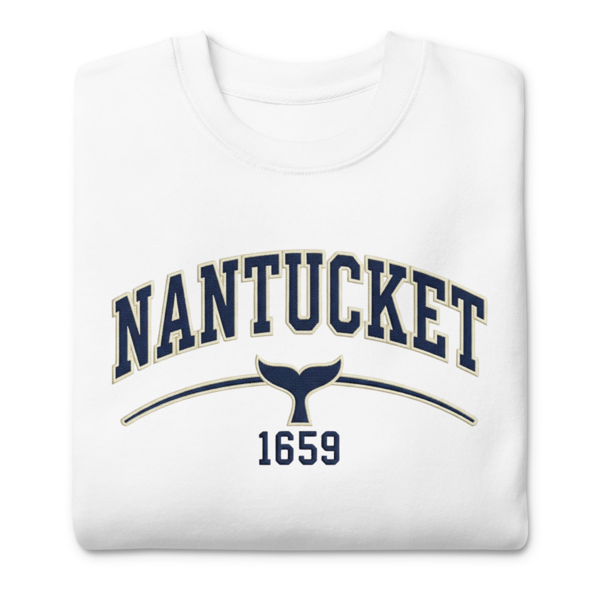 White Nantucket 1659 t-shirt with navy whale tail on coastal island sweatshirt