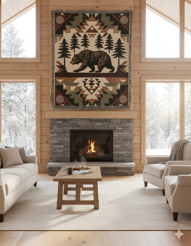 Bear Woven Blanket – Rustic Woodland Tapestry Throw Wildlife and Nature Gifts