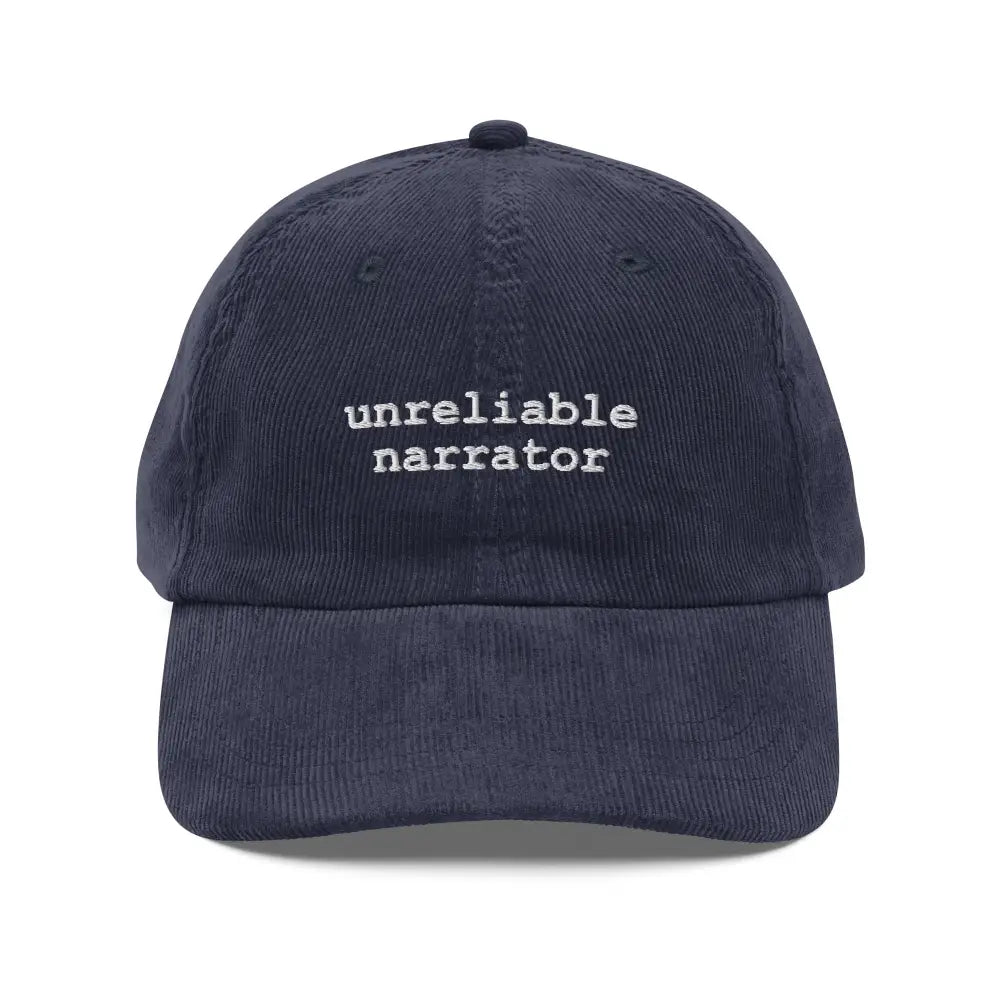 Trini Skies unreliable narrator embroidered navy blue corduroy hat