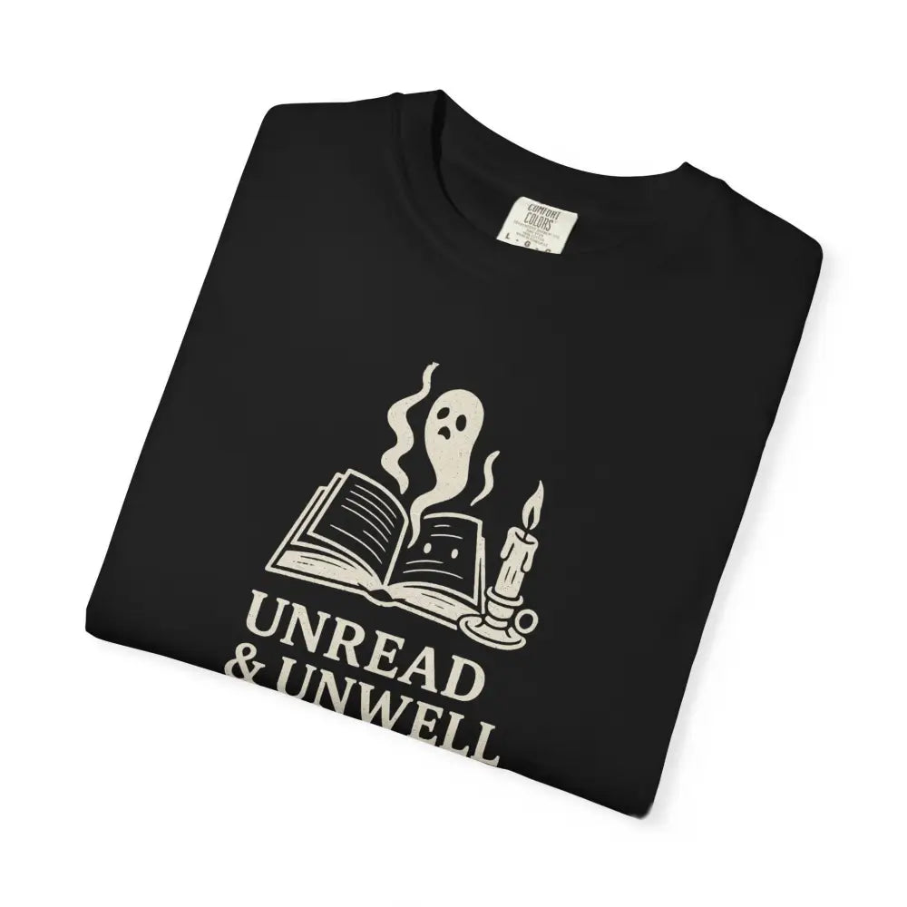 Unwell Ghost Tee with black short-sleeved ghost book candle graphic