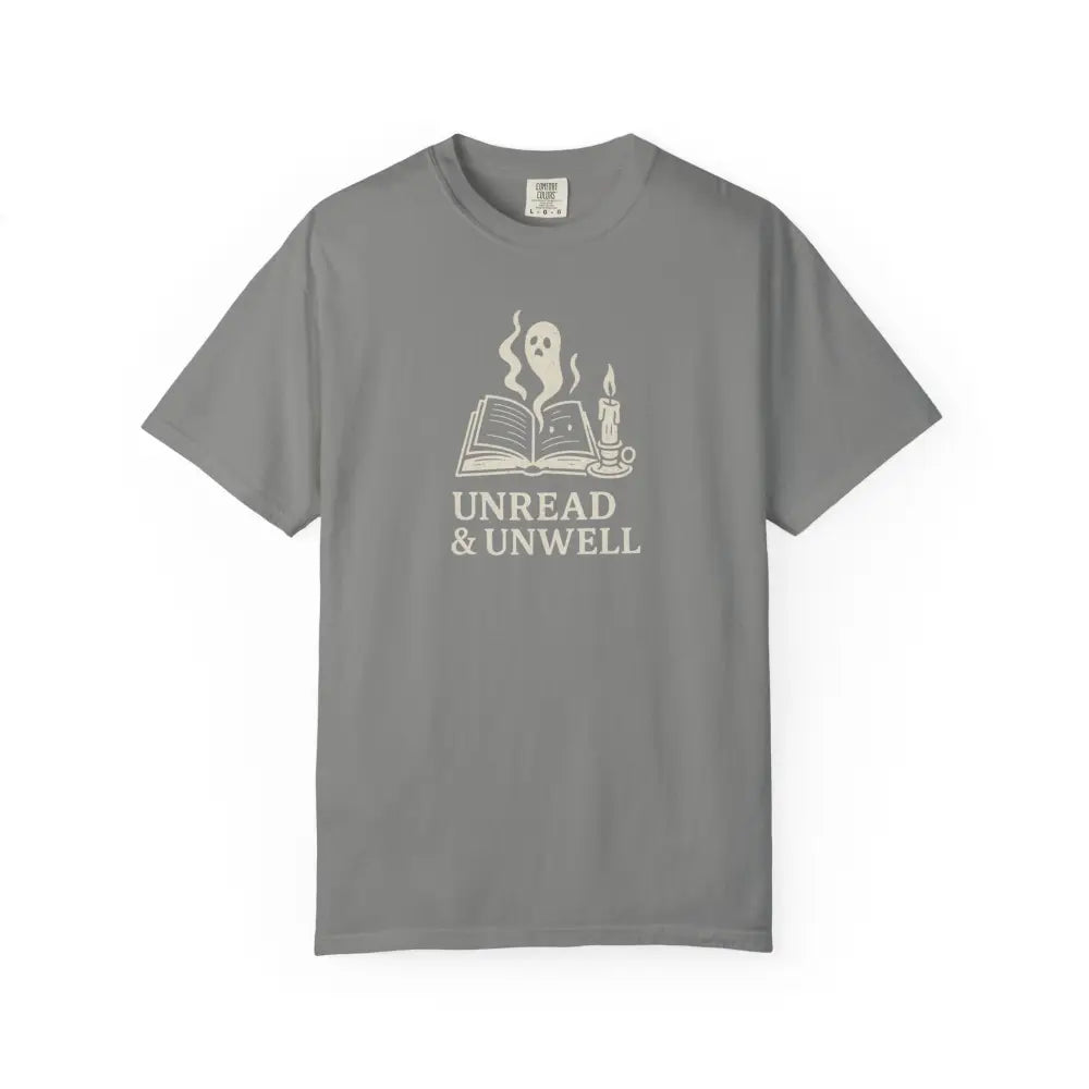 Unwell ghost tee with book and candle graphic on grey Comfort Colors shirt