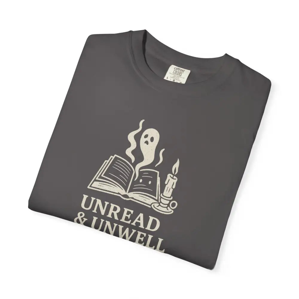 Unwell Ghost Tee with Book Candle Design on Dark Gray Comfort Colors T-Shirt