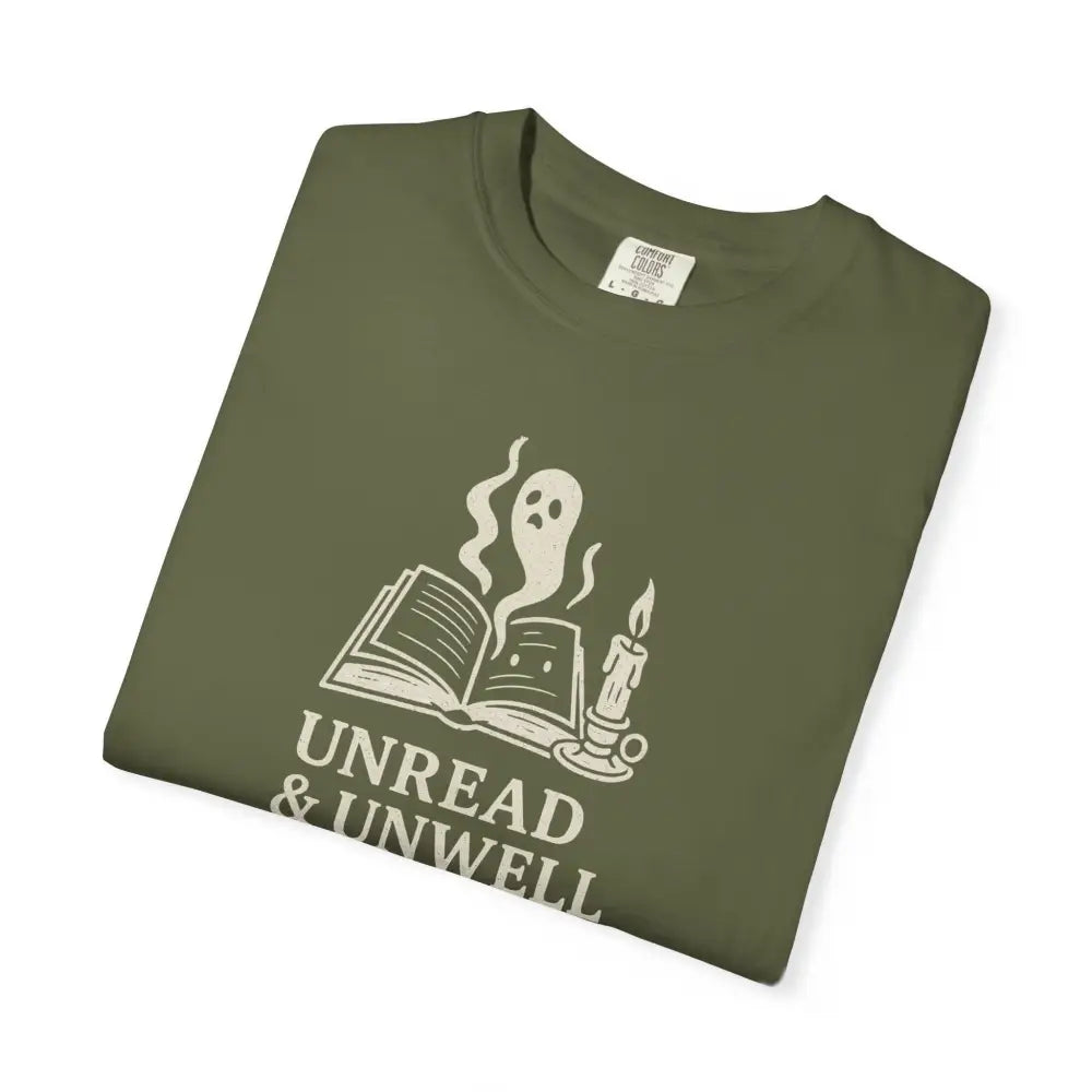 Unwell ghost tee with book, candle, and Unread & Unwell graphic on olive green Comfort Colors shirt