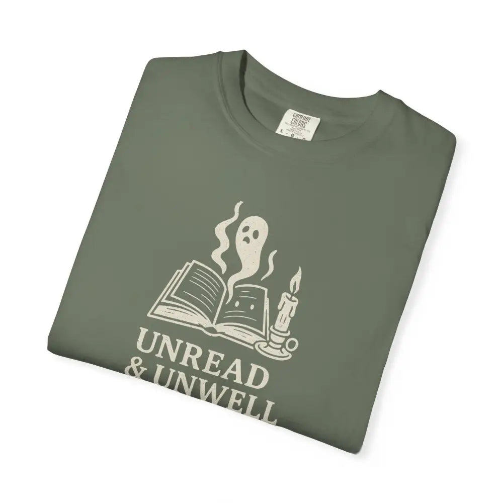 Folded Unwell Ghost Tee with book and candle design