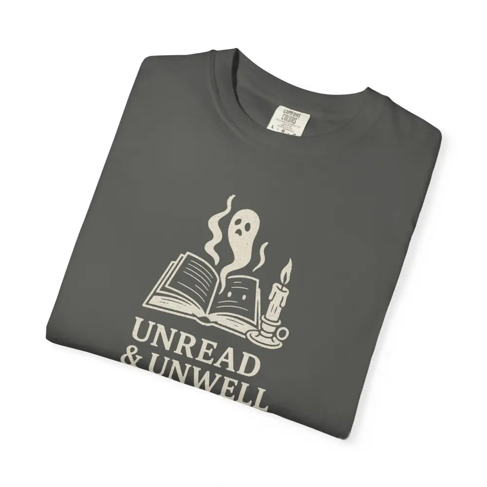 Unwell ghost tee with book, candle, unread and unwell graphic on dark gray Comfort Colors tee