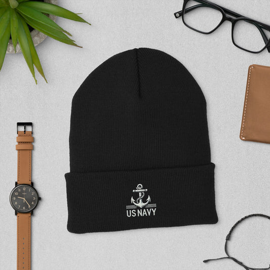 US Navy Embroidered Cuffed Beanie Cozy Patriotic Winter Hat - Black - Hats 1