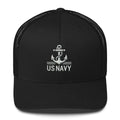 Black US Navy embroidered hat with white anchor on mesh-back trucker cap