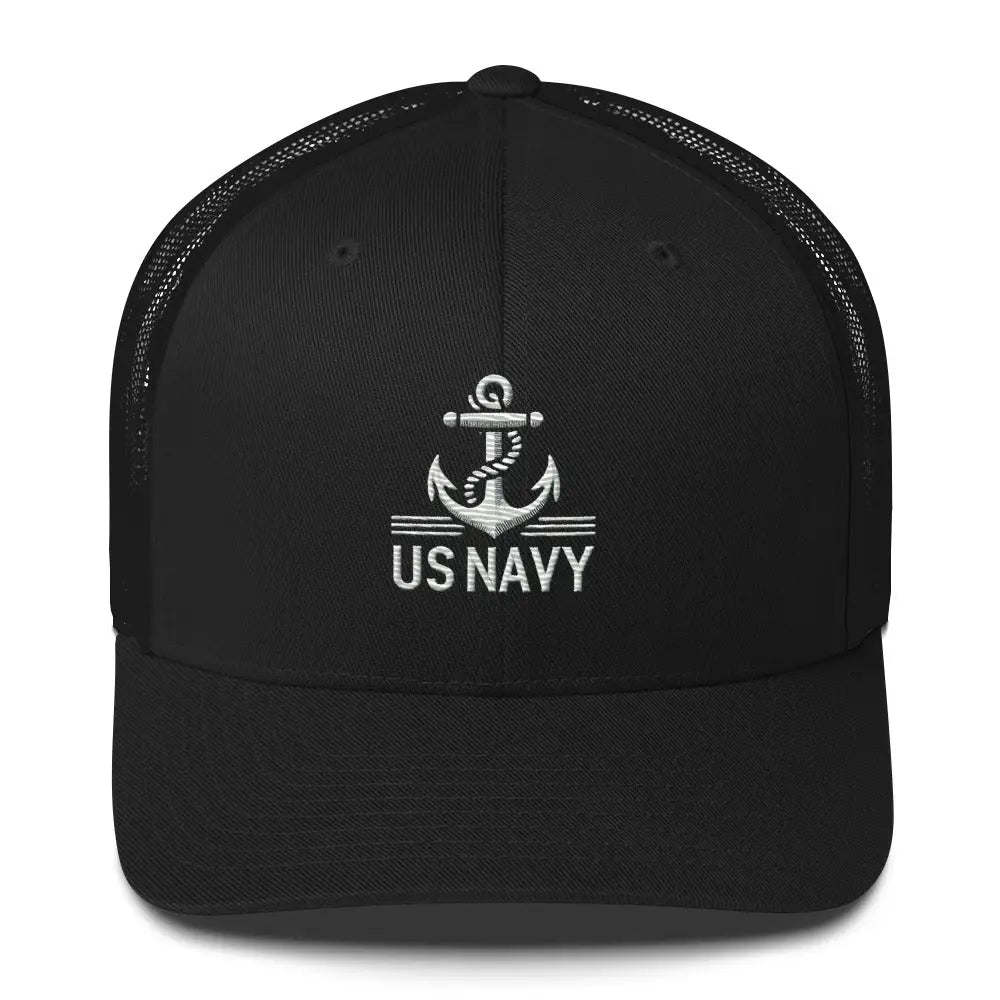 Black US Navy embroidered hat with white anchor on mesh-back trucker cap