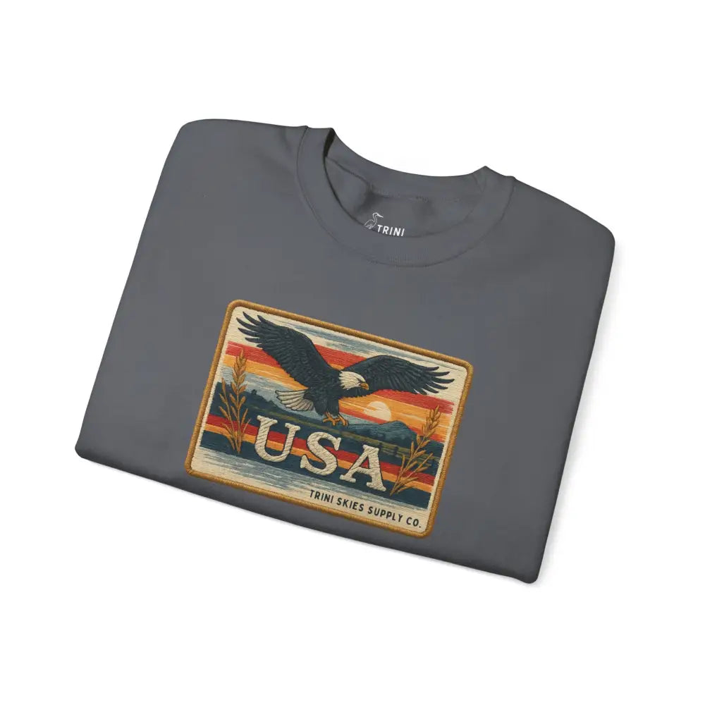 Vintage USA eagle graphic on dark gray crewneck sweatshirt by Trini Skies Supply