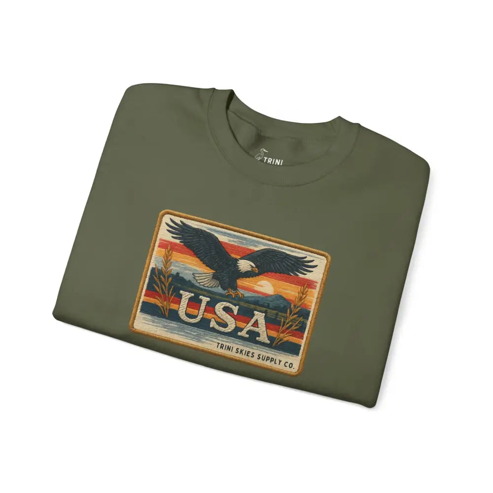 Trini Skies Supply olive-green USA eagle sunset patch graphic t-shirt