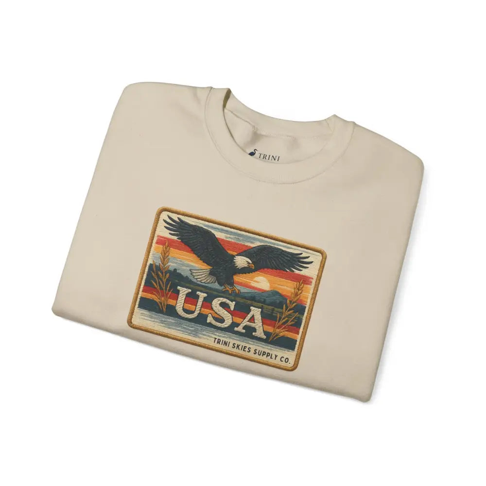 Trini Skies Supply USA eagle graphic t-shirt with sunset patch