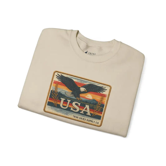 Trini Skies Supply USA eagle graphic t-shirt with sunset patch