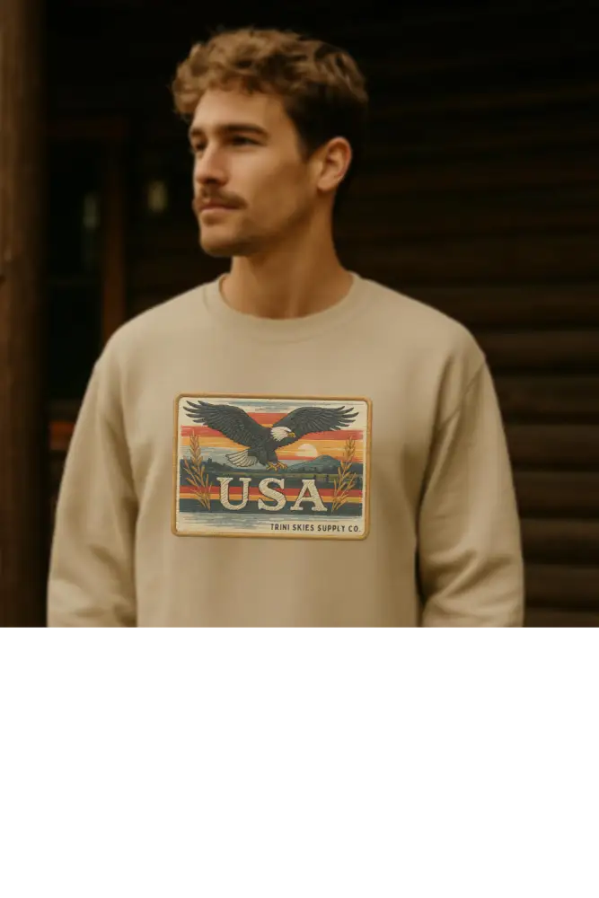 Tan USA eagle graphic sweatshirt from Trini Skies Supply